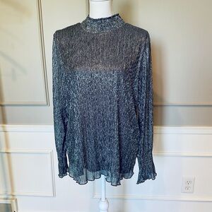Chico's 3 or XL long sleeve crinkle fabric formal top shirt black silver elegant